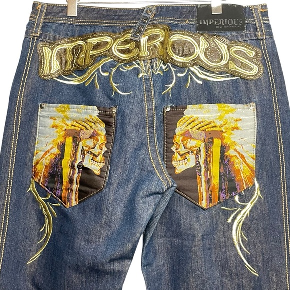 Vtg Y2K Delf Trading Imperious Mens Embroidered Blue Denim Skulls  W38 L32 - Picture 12 of 16